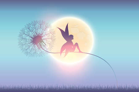 fairy sits on a dandelion silhouette on full moon night backgroundのイラスト素材