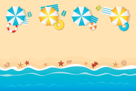 summer holiday on tourist beach with umbrella swim ring and flip flopのイラスト素材