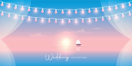 wedding invitation seascape with sail boat yacht and fairy lightのイラスト素材
