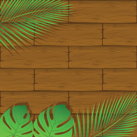 summer holiday design palm leaves on wooden backgroundのイラスト素材
