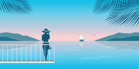 young woman on the bridge looks to the sea summer holiday backgroundのイラスト素材