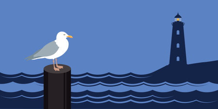 gull by the sea summer marine outdoor design with lighthouseのイラスト素材
