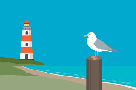 lighthouse and gull by the sea near beach summer holiday designのイラスト素材