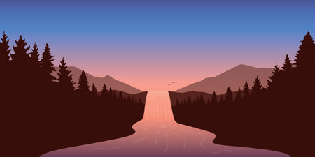 waterfall river in the mountains at beautiful sunset landscape