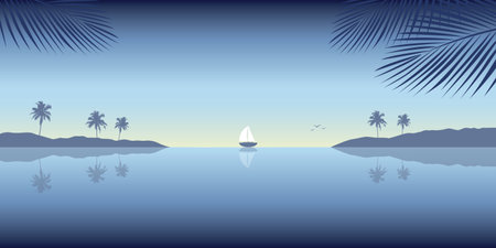 sail boat yacht on the tropical sea with palm treesのイラスト素材