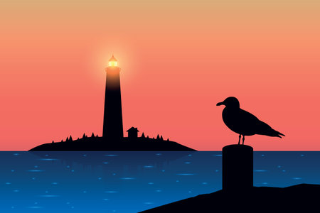 sea gull silhouette on lighthouse seascape at nightのイラスト素材