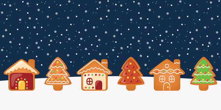 christmas cookie village greeting card on snowy landscapeのイラスト素材