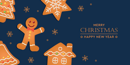 christmas greeting card with gingerbread cookies decoration on blue backgroundのイラスト素材