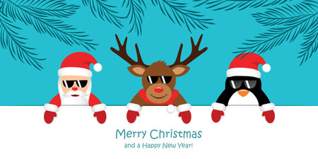 cute santa reindeer and penguin with sunglasses under fir branchesのイラスト素材