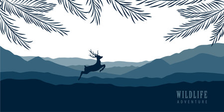 wildlife deer in forest with mountain view blue nature landscapeのイラスト素材