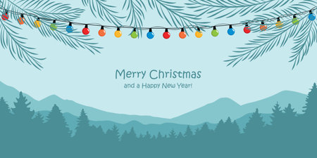 christmas greeting card with snowy winter landscape and colorful fairy lightsのイラスト素材