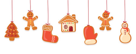 christmas card with hanging gingerbread cookies decoration isolated on whiteのイラスト素材