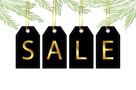 black and gold sale label with fir branches backgroundのイラスト素材