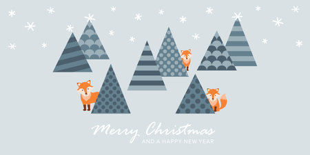 christmas greeting card with winter fir trees and cute foxのイラスト素材