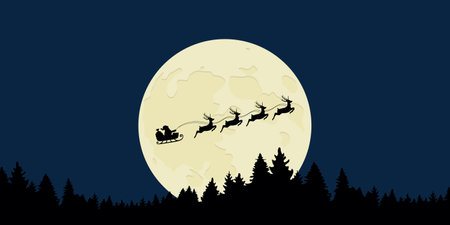 santa with reindeer sled at full moon night landscapeのイラスト素材