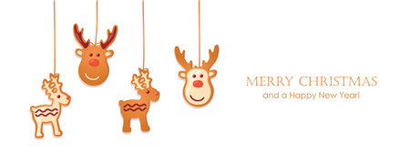 christmas card with hanging deer gingerbread cookies decorationのイラスト素材