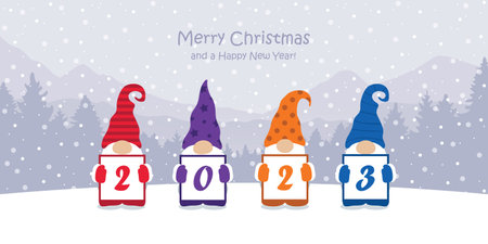 christmas greeting card 2023 with cute christmas dwarf and snowy landscape