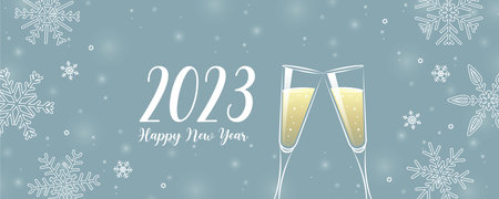 happy new year 2023 greeting card champagner and snowflake