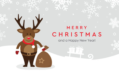 christmas greeting card with cute deer on snowy backgroundのイラスト素材
