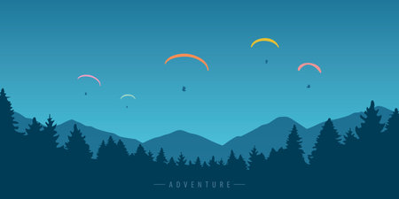 paragliding adventure group of colorful paraglider in blue sky in the mountainsのイラスト素材