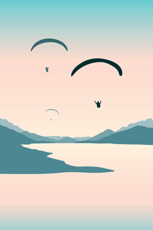 paragliding adventure with friends on mountain landscape at sunsetのイラスト素材