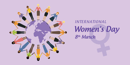 happy womens day 8th march group of different women on earth backgroundのイラスト素材