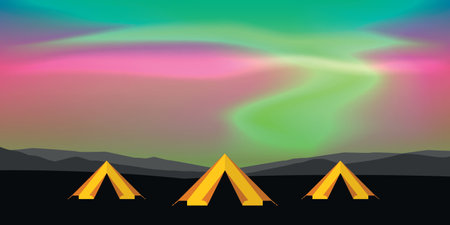 yellow tent camping adventure with aurora borealis polar lights backgroundのイラスト素材