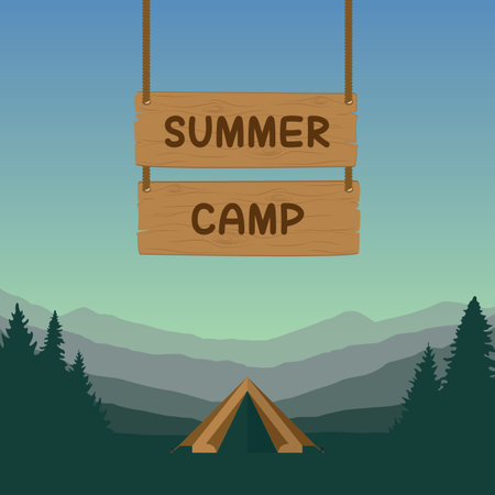 camping adventure in the wilderness tent in the forest at mountain landscapeのイラスト素材