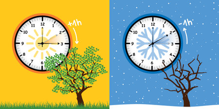 summer time and winter time concept with clock and treeのイラスト素材