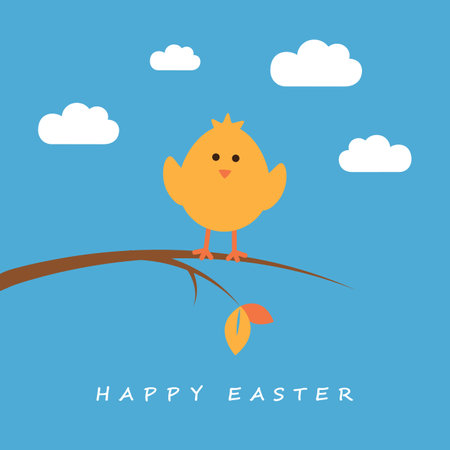 happy easter cute little bird sitting on a branchのイラスト素材