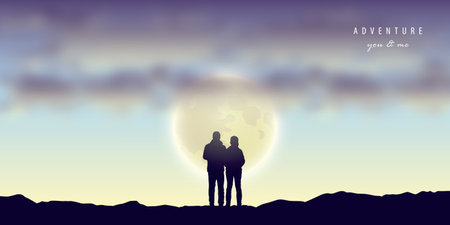 romantic night loving couple on full moon sky landscapeのイラスト素材