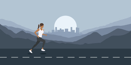 jogging girl on mountain landscape outdoor sport with city viewのイラスト素材
