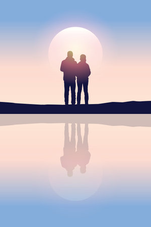couple in love by the lake at sunsetのイラスト素材