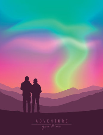 couple on mountain view with beautiful polar lights in colorful skyのイラスト素材