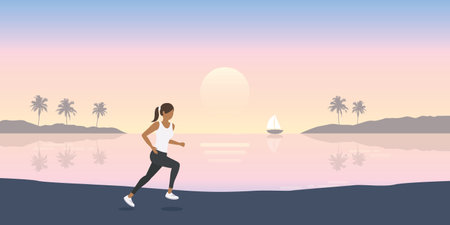 jogging girl on summer landscape by the sea holiday designのイラスト素材