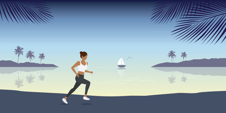 jogging girl on summer landscape by the sea holiday designのイラスト素材