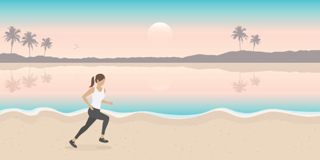 jogging girl on summer landscape by the sea holiday design