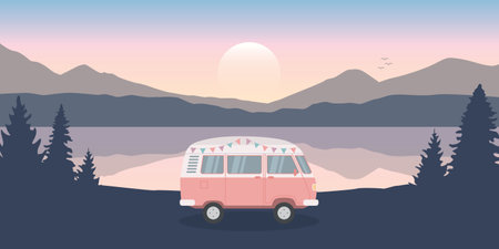 wanderlust camping adventure in the wilderness with camper van by the lakeのイラスト素材