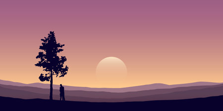 couple in love under a tree on mountain landscape at sunshineのイラスト素材