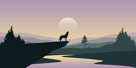 wolf howls to the full moon in forest on river mountain landscapeのイラスト素材