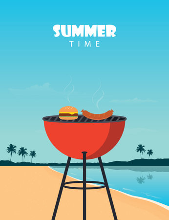 summer time barbeque grill on tropical palm beachのイラスト素材