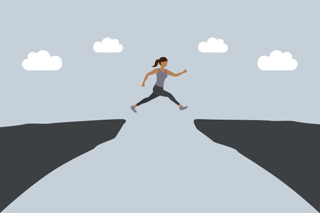 woman jumping over a cliff to the other sideのイラスト素材