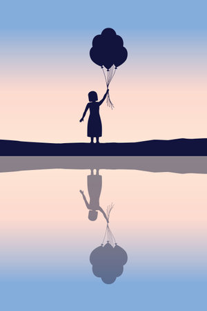 happy little girl with balloons by the lake at sunset silhouetteのイラスト素材