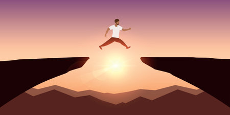 sporty man successful jumping over a cliff on mountain landscapeのイラスト素材