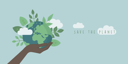 save the planet concept earth in human hand with green leavesのイラスト素材