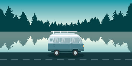 road trip adventure with camper van by lake and pine forest nature landscapeのイラスト素材