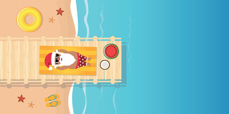cute santa claus relaxing on the beach by the oceanのイラスト素材