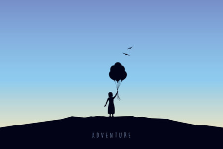 little girl with balloons silhouette at sunset childhood dreamsのイラスト素材