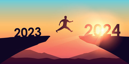 man jumping over a cliff from 2023 to 2024 on sunny backgroundのイラスト素材