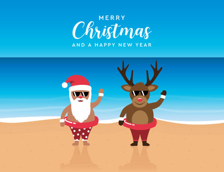 cute santa and deer with sunglasses on paradise beach summer christmas holidayのイラスト素材